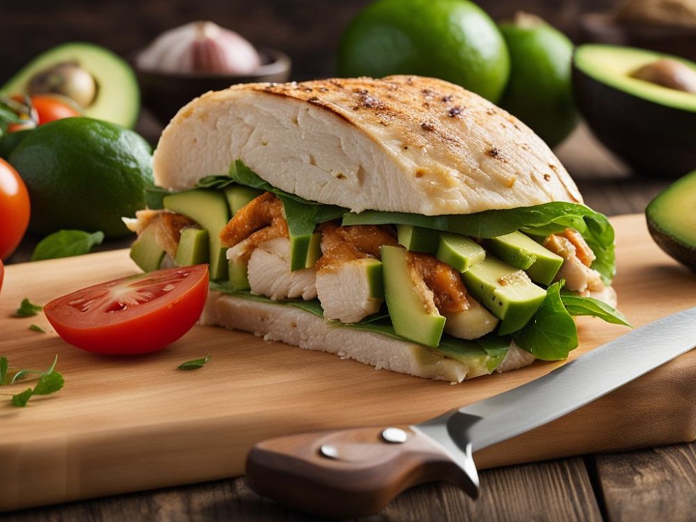 Para preparar o frango para o Wrap de frango com abacate e tomate, é necessário desossar e retirar a pele de dois peitos de frango.